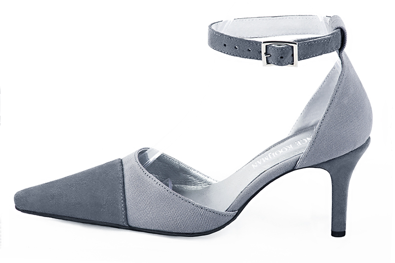 Mouse grey women's open side shoes, with a strap around the ankle. Tapered toe. High slim heel. Profile view - Florence KOOIJMAN